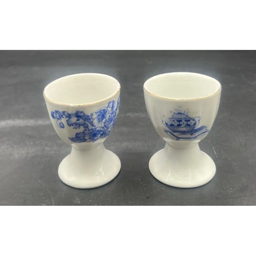 Vintage Blue White Porcelain Egg Cups Set of 2 Floral Transferware Gold Trim